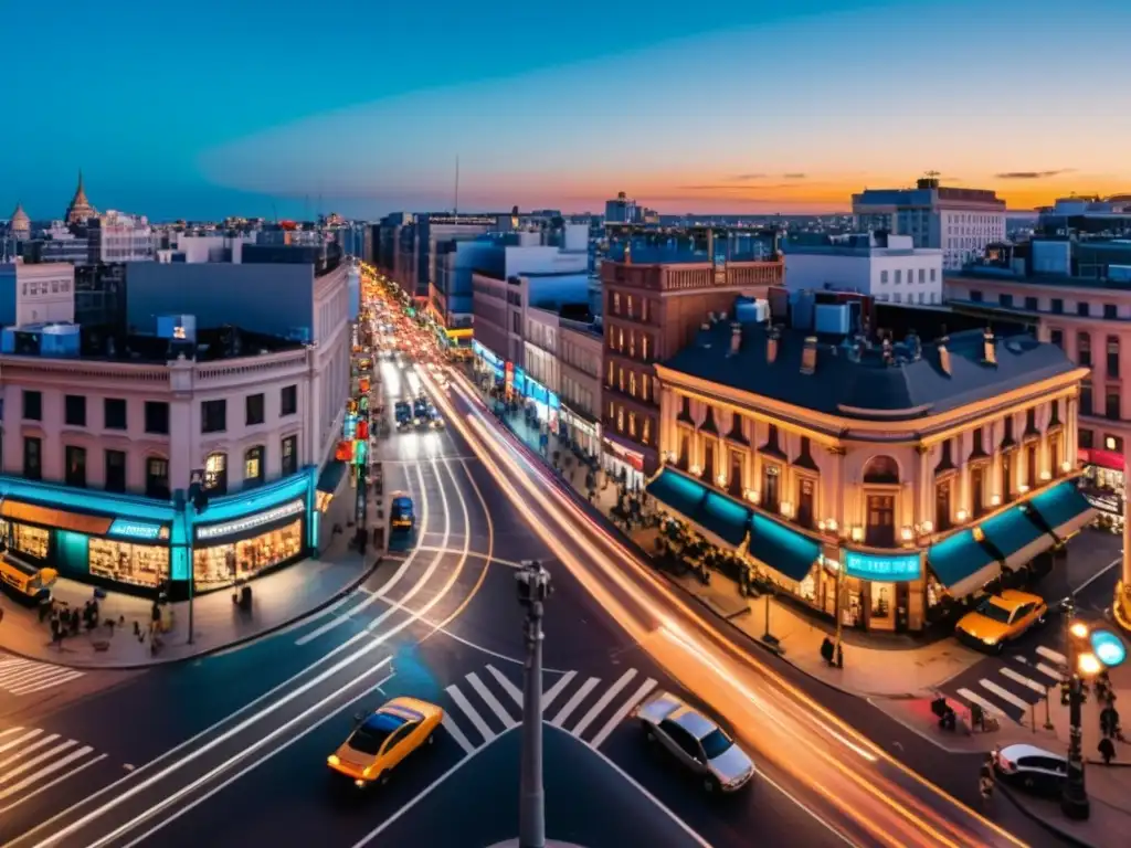 Vista panorámica de una concurrida esquina de la ciudad con cámaras de vigilancia en tonos cálidos al anochecer