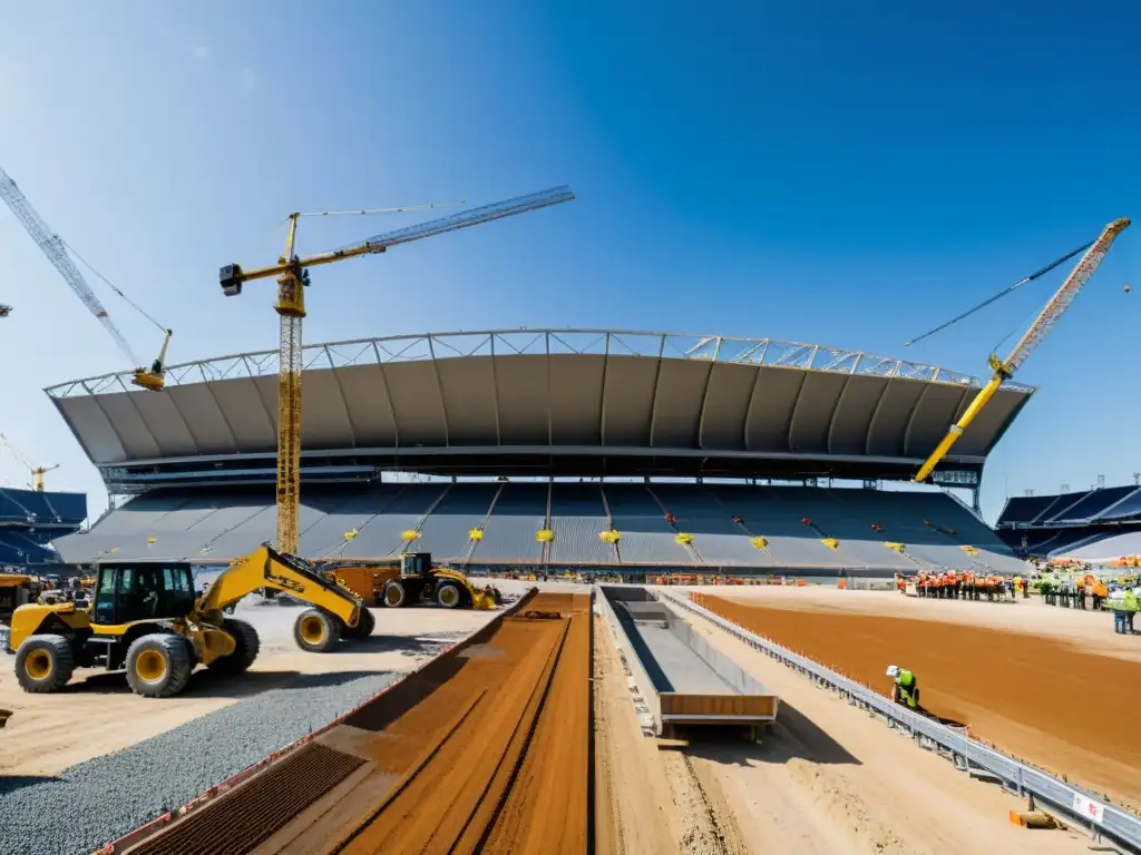 Vista panorámica de un gran estadio en construcción, con trabajadores en cascos y chalecos de seguridad realizando diversas tareas