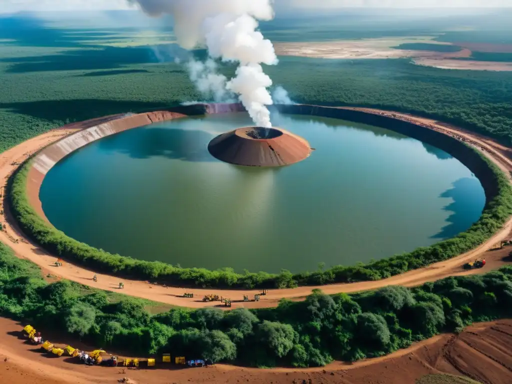 Vista panorámica del impacto del Arco Minero del Orinoco en Venezuela: ceremonia indígena frente a maquinaria minera