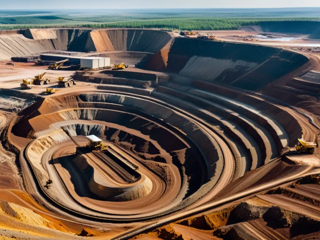 Vista panorámica de una mina a cielo abierto, con maquinaria masiva y camiones en operación, mostrando el impacto de la minería en derechos humanos