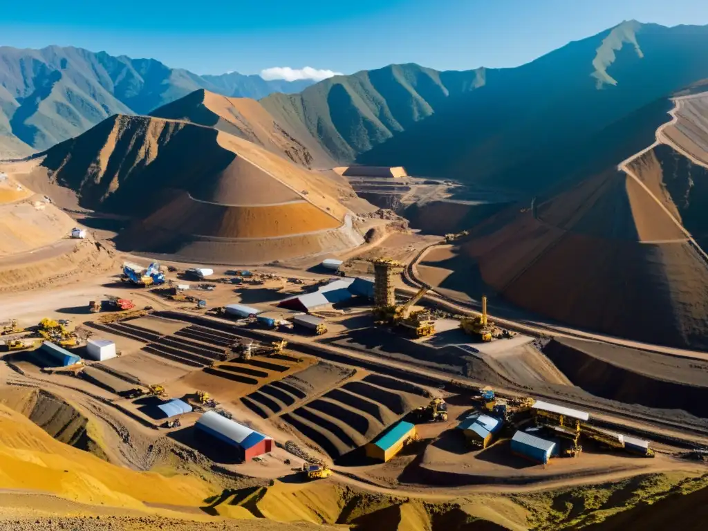 Una vista panorámica de la mina Yanacocha, mostrando la inmensidad de la operación minera con maquinaria pesada, trabajadores y el paisaje circundante