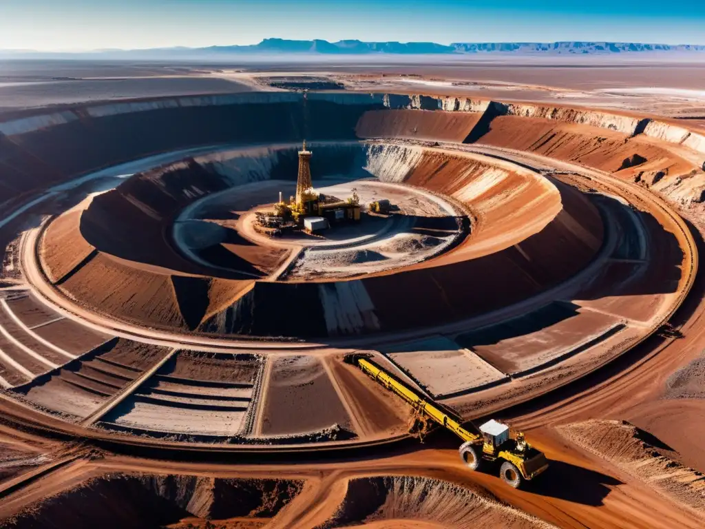 Vista panorámica de una mina de litio en un paisaje desolado, resaltando el costo humano del litio para la energía verde