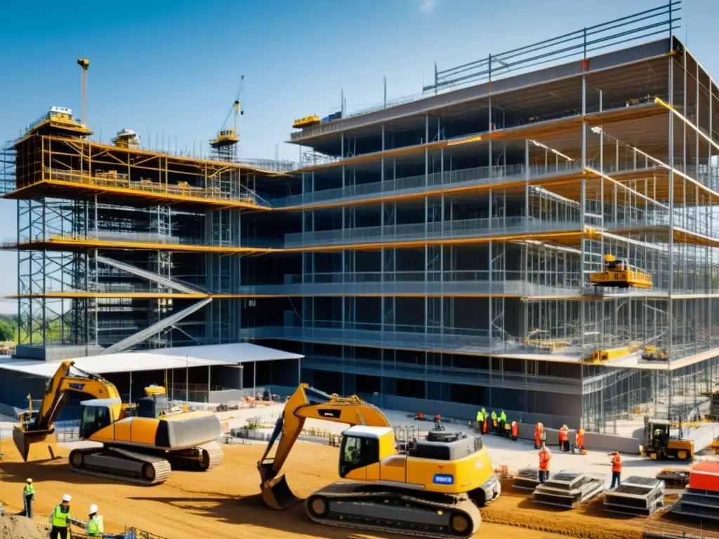 Vista panorámica de una obra en construcción con trabajadores, maquinaria y un estadio en construcción