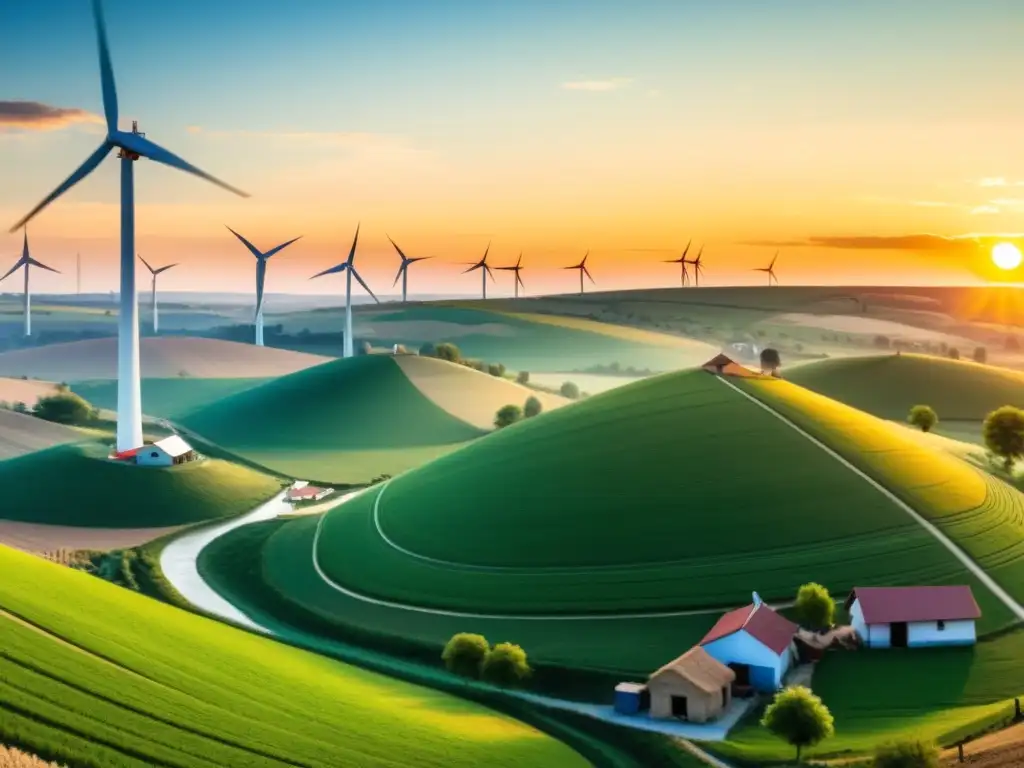 Vista panorámica de un pueblo rural con molino eólico al atardecer, resaltando el acceso a la energía limpia y derechos humanos