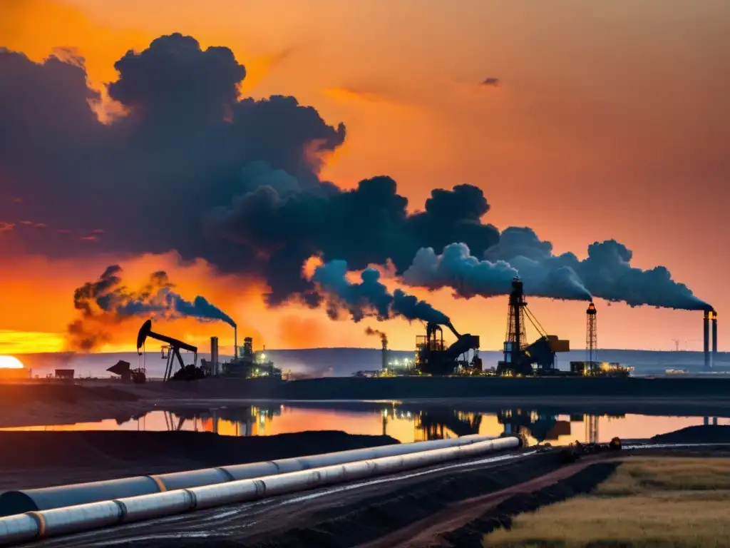 Vista panorámica de un sitio de extracción de petróleo al atardecer, mostrando maquinaria industrial, tuberías y trabajadores con equipo de protección