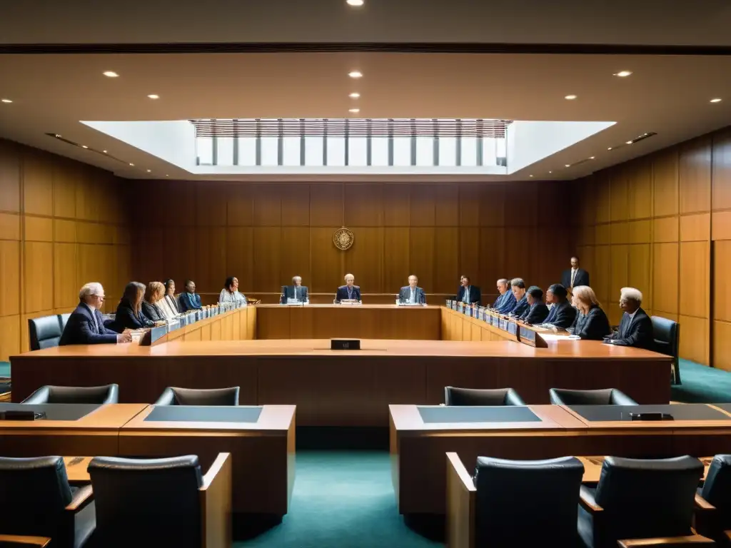 Tribunal Internacional: Escena de Audiencia con Intensidad Legal Vista panorámica de un tribunal internacional en sesión, con jueces, abogados y acusados inmersos en intensas discusiones