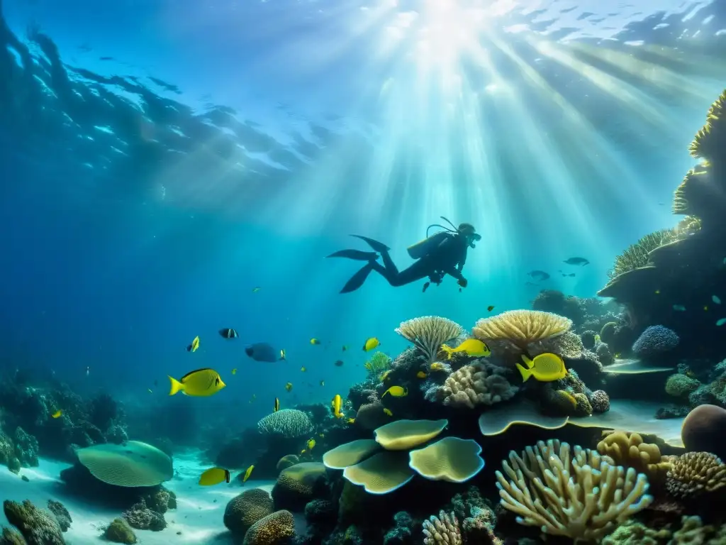 Vista submarina impresionante, con vida marina colorida y formaciones de coral, destacando la importancia de la minería submarina y derechos humanos