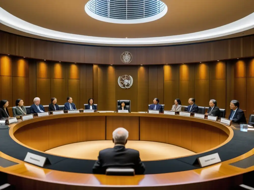 Tribunal internacional por derechos ambientales Vista de un tribunal internacional en sesión, con jueces, abogados y testigos debatiendo sobre derechos humanos globales