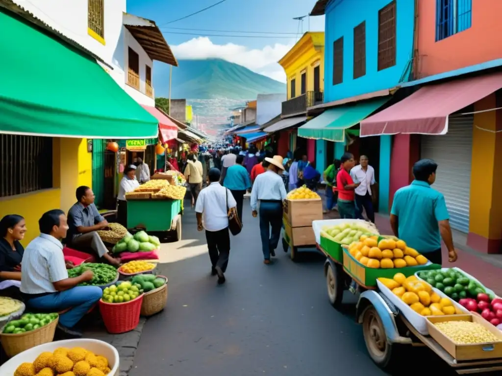 Vista vibrante de la vida económica y cultural en América Latina, reflejando la protección de los derechos económicos en América