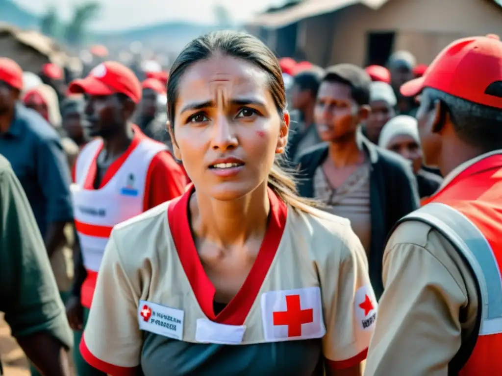 Voluntario de Cruz Roja Internacional brinda apoyo humanitario en crisis, mostrando compasión y determinación en su rostro