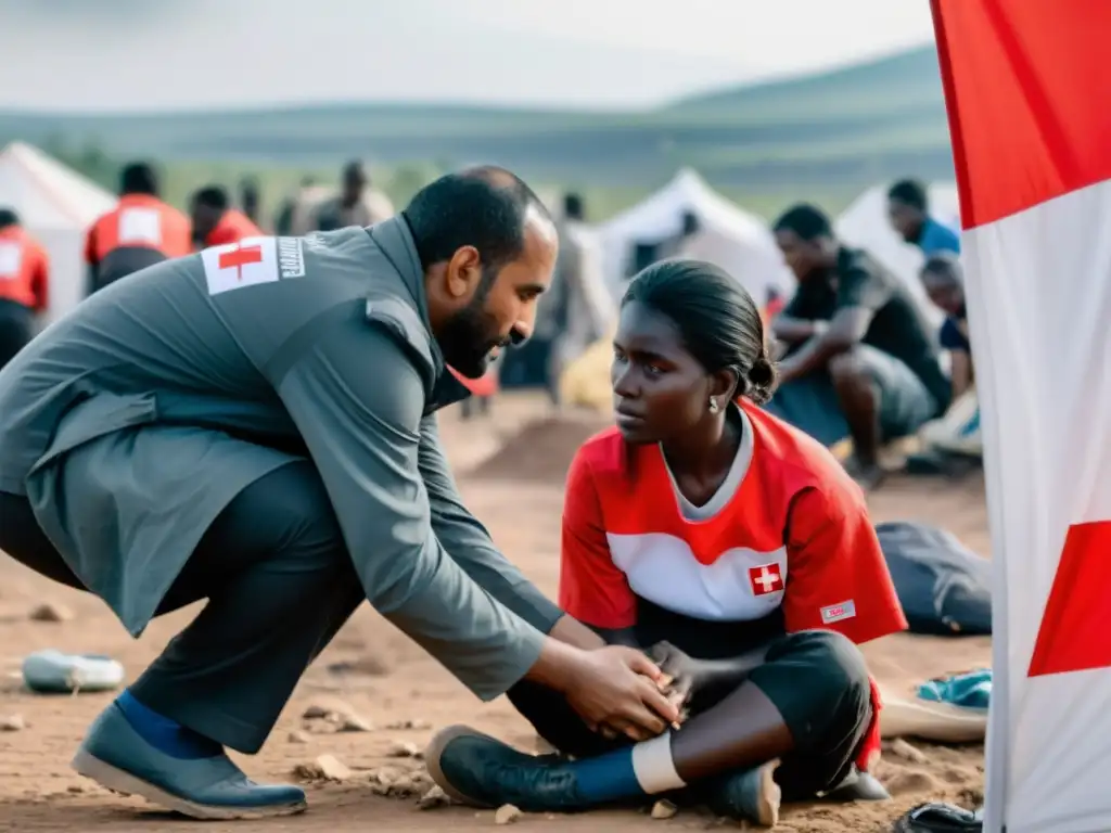 Un voluntario de la Cruz Roja Internacional brinda ayuda médica a refugiados en una zona de conflicto, mostrando solidaridad y derechos humanos