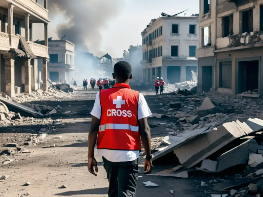 Un voluntario de la Cruz Roja ayuda a niños en una ciudad devastada por la guerra