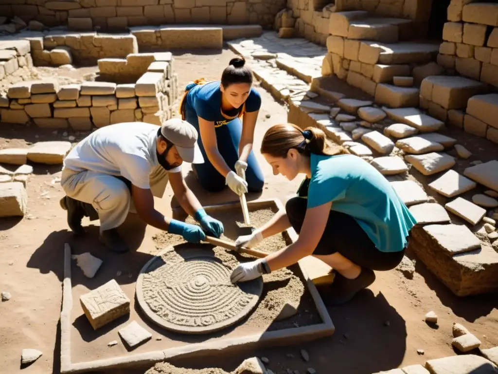 Voluntarios excavan artefactos antiguos entre escombros, revelando un hermoso mosaico