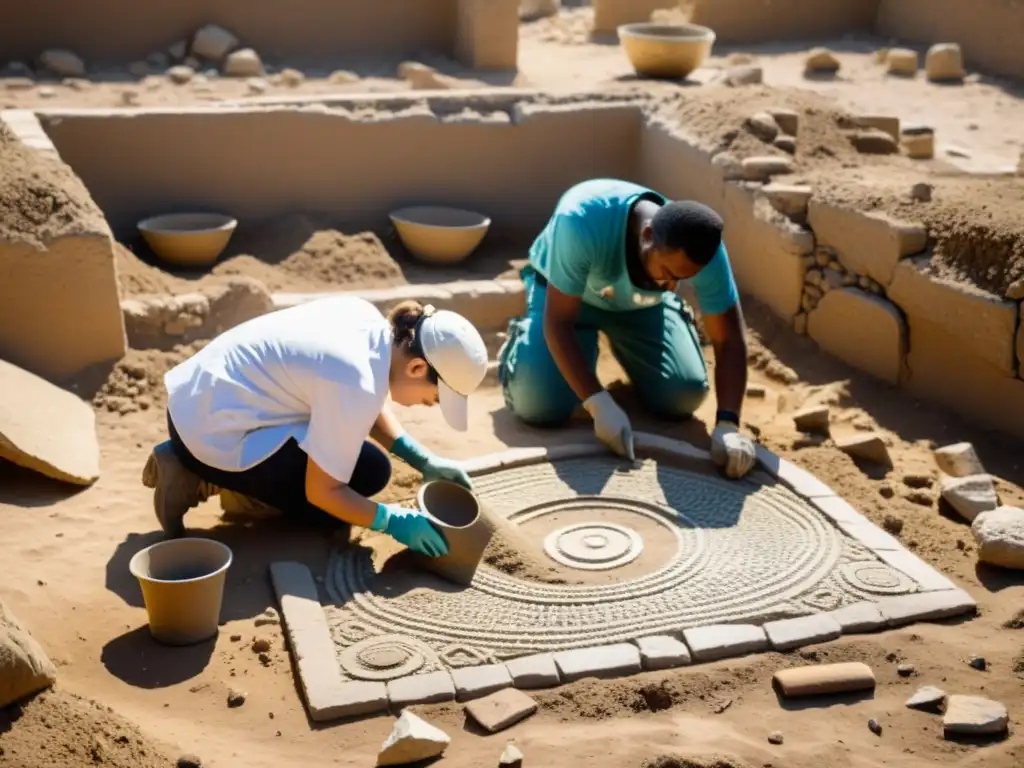 Voluntarios excavan artefactos antiguos entre escombros, revelando un mosaico