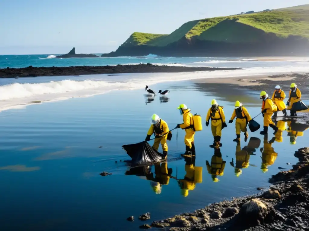 Desastre ambiental: voluntarios luchan por salvar aves marinas Voluntarios en hazmat luchan por limpiar derrame de petróleo en la costa, mostrando respuesta ciudadana a desastres ambientales