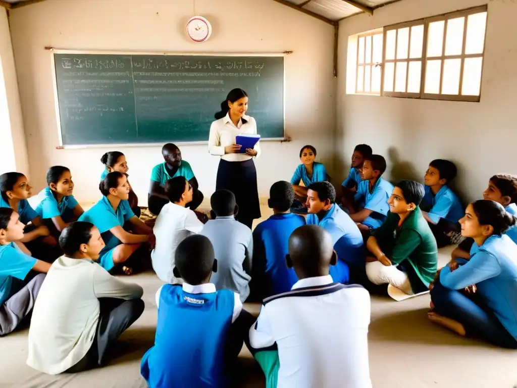 Voluntarios educan desplazados en aula improvisada, transmitiendo esperanza y educación en medio de la adversidad