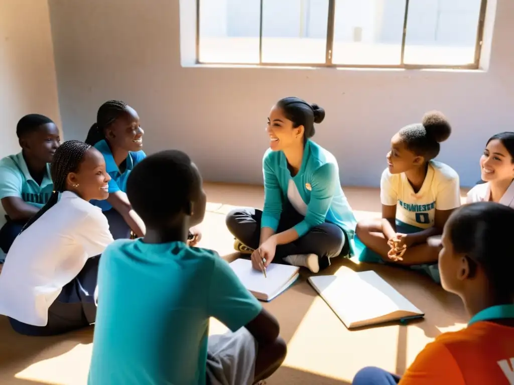 Voluntarios educan desplazados en un espacio lleno de esperanza y aprendizaje, rodeados de materiales escolares improvisados