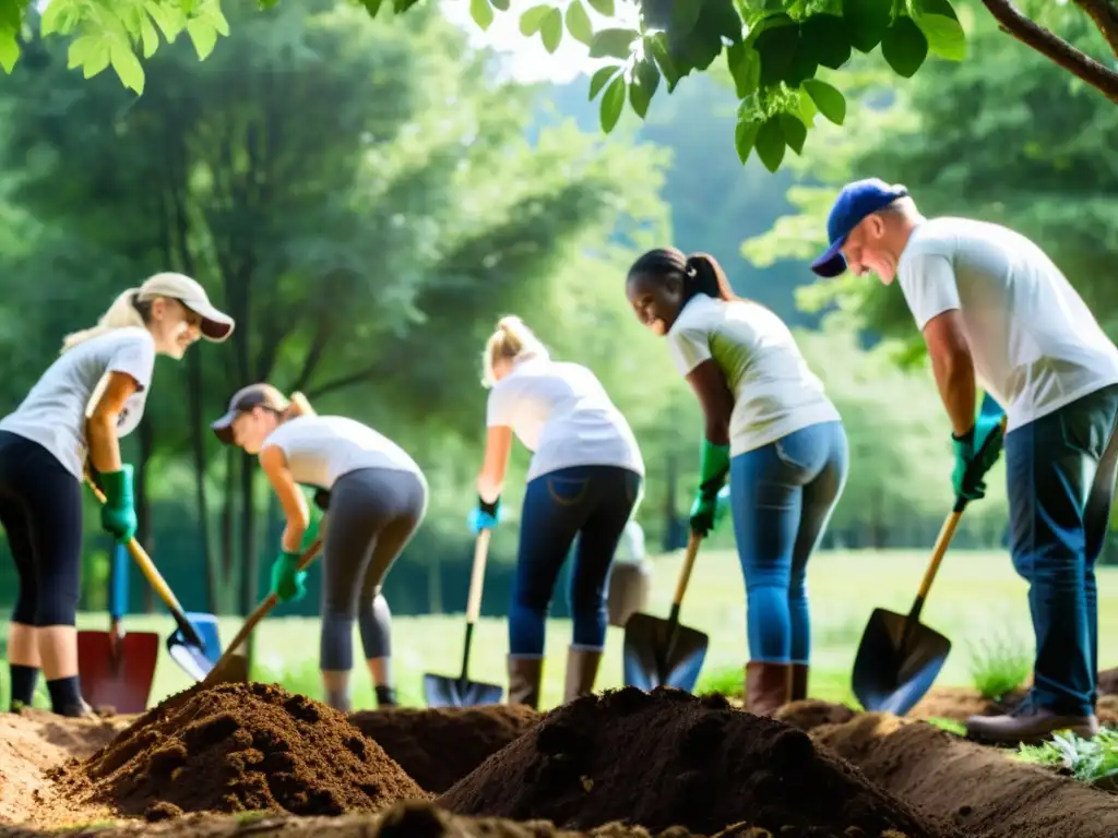 Reforestación en acción: unidos por la naturaleza Voluntarios diversificados plantan árboles juntos, restaurando un área deforestada