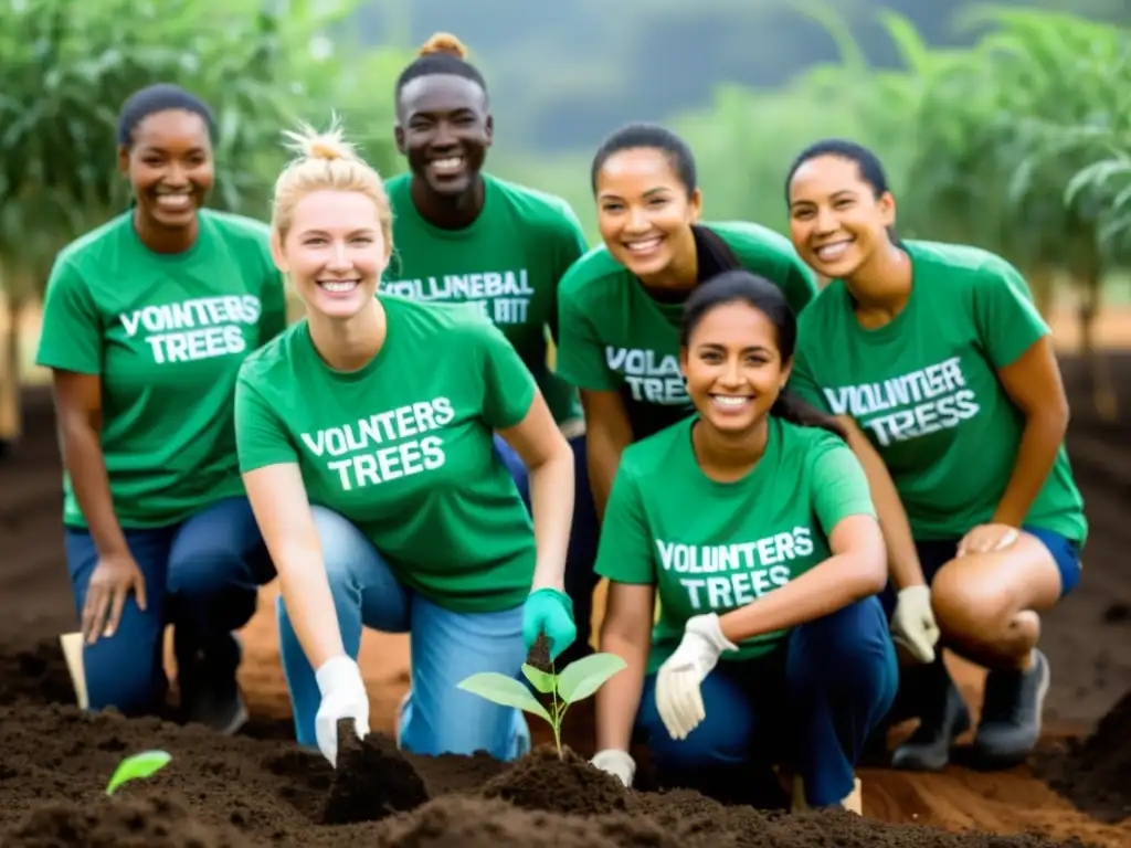 Voluntarios de Iniciativas de Responsabilidad Social Global plantando árboles juntos en una zona deforestada, creando un impacto ambiental positivo