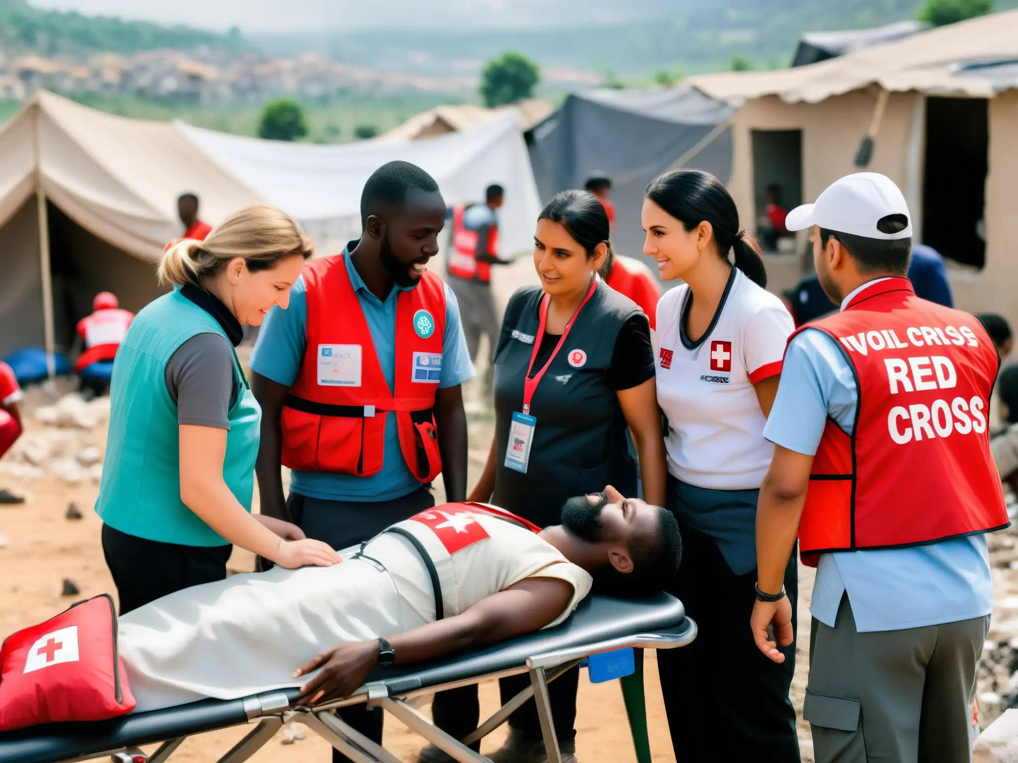 Voluntarios de la Cruz Roja Internacional brindando ayuda humanitaria en una región devastada, demostrando su compromiso con los derechos humanos