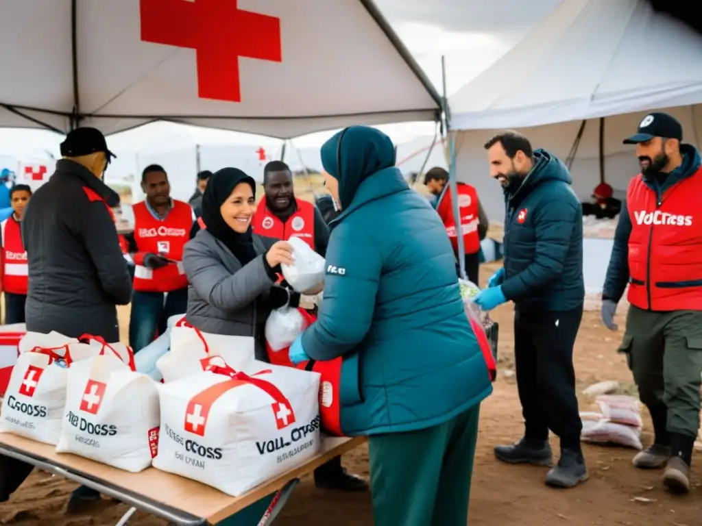 Voluntarios de la Cruz Roja Internacional brindan ayuda humanitaria a refugiados en una región devastada por la guerra, destacando su crucial labor en derechos humanos