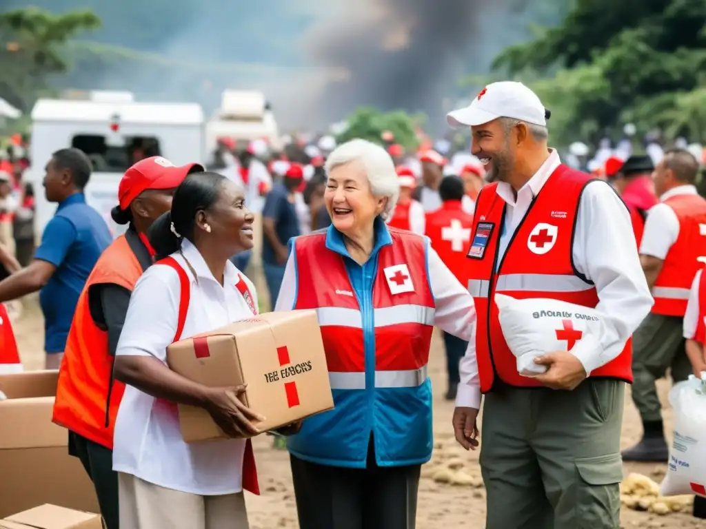 Voluntarios de la Cruz Roja Internacional distribuyen ayuda humanitaria a familias afectadas por desastre natural, transmitiendo compasión y esperanza