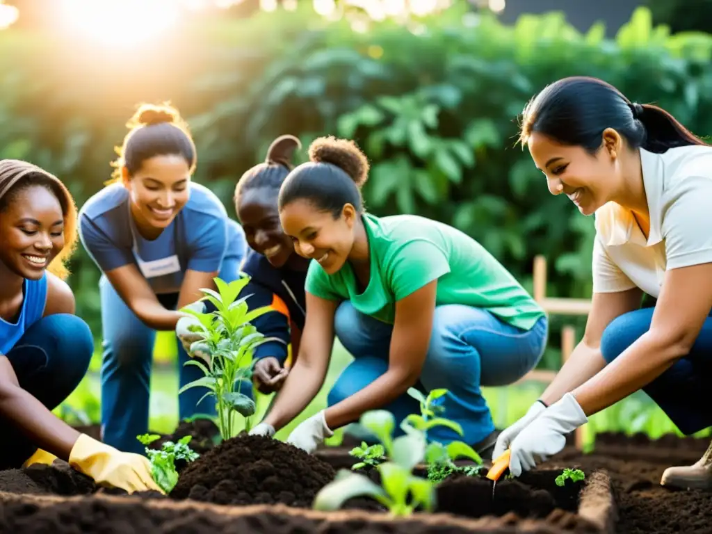 Voluntarios construyendo un jardín sostenible al atardecer, simbolizando la integración de responsabilidad social corporativa y derechos humanos