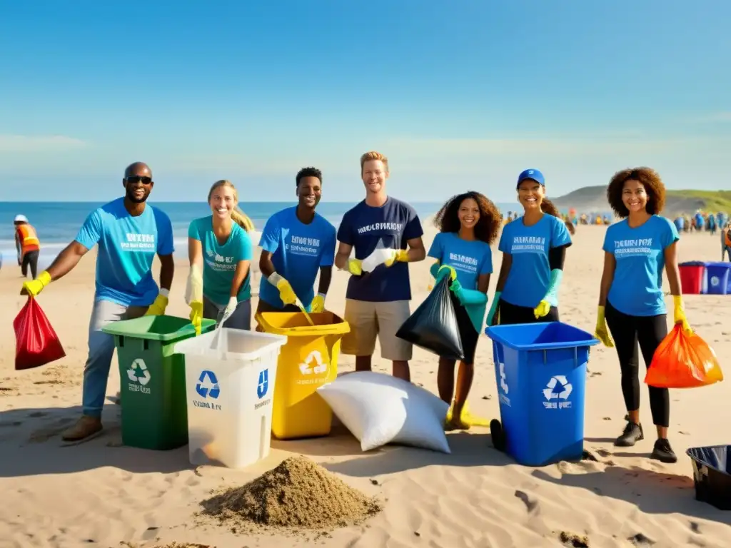 Voluntarios trabajando juntos en la limpieza de una playa, con el sol poniéndose y cielo azul despejado