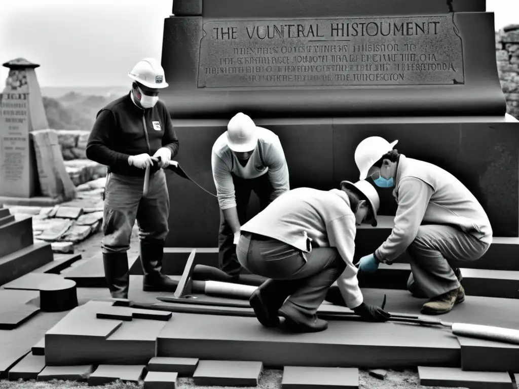 Voluntarios salvaguardando patrimonio cultural posguerra, restaurando monumento dañado con cuidado y determinación