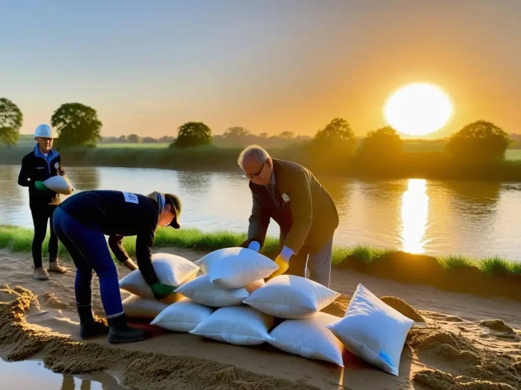 Voluntarios preparando sacos de arena al atardecer, unidos contra el impacto de desastres naturales, mostrando solidaridad y preparación