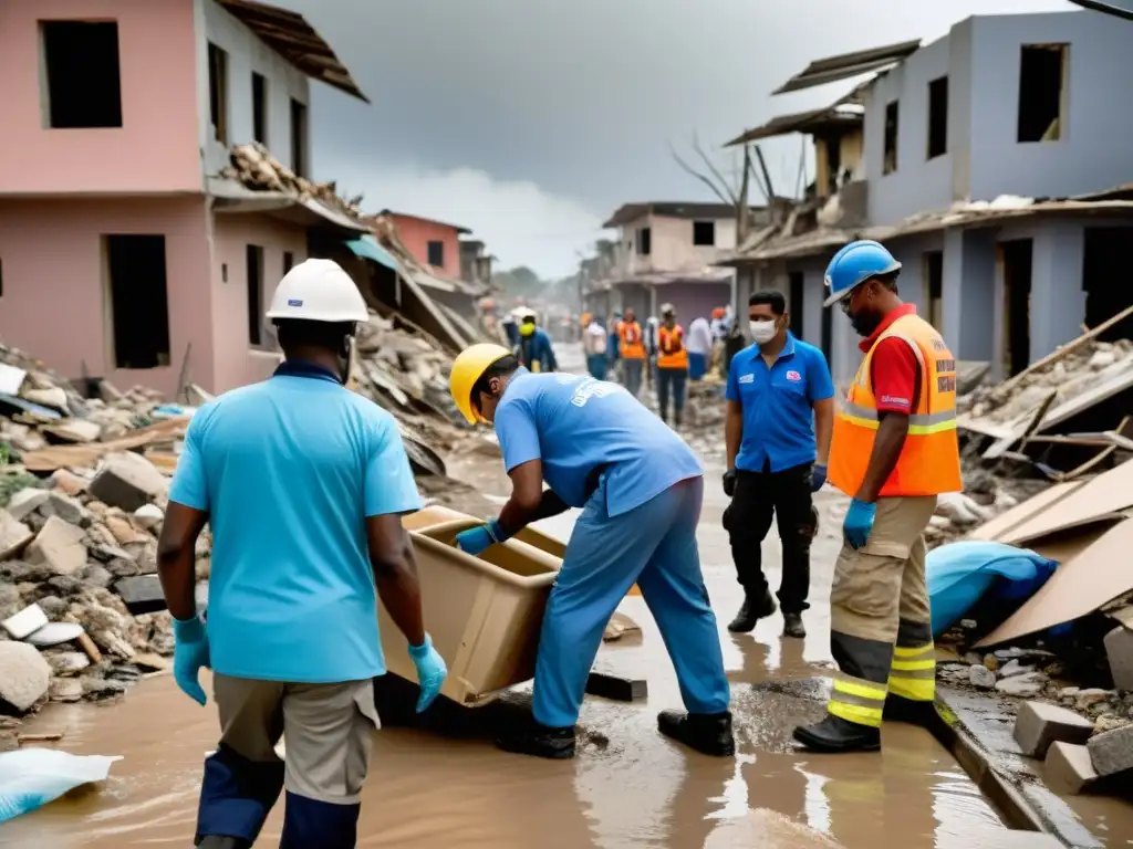 Voluntarios y trabajadores brindan ayuda humanitaria en una ciudad devastada por eventos climáticos extremos