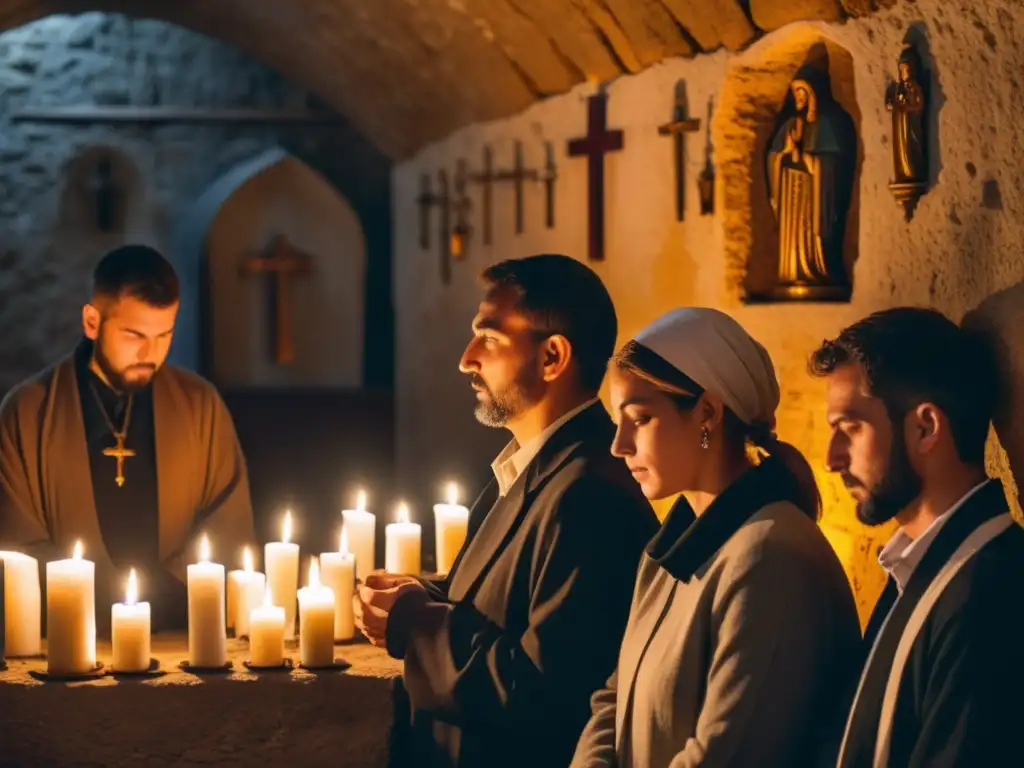 Worshippers en iglesia clandestina rezando en la penumbra, rostros iluminados por velas, reflejando la persecución religiosa en Europa del Este